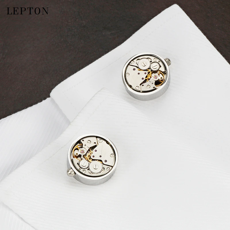 Lepton Watch Movement Cufflinks Round Business Stainless Steel Steampunk Gear Watch Mechanism Cufflinks for Mens Relojes gemelos