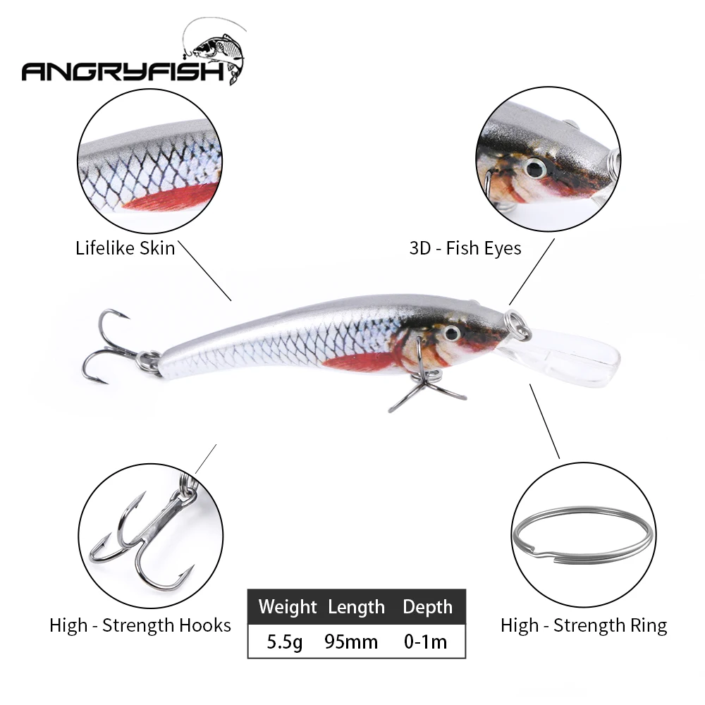 Angryfish NEW 3D Eyes 9.5cm 5.5g Fishing Lure whopper plopper 4 color Lifelike Fishing Hard Lure Crankbait With Strong hook