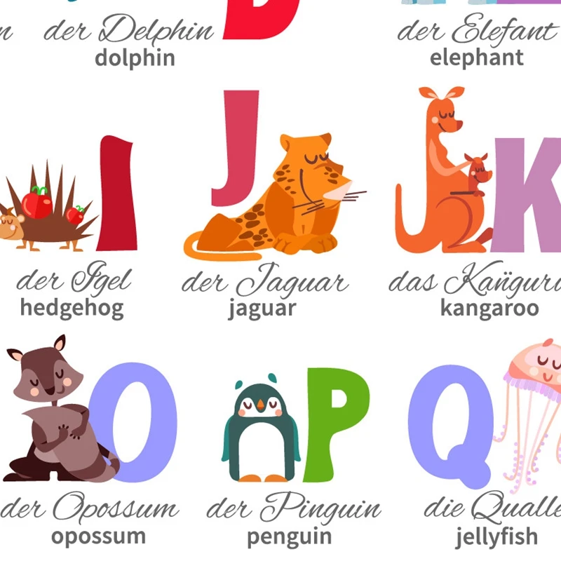 German Alphabet with Animals Nursery Wall Art Canvas Painting Education Poster Foreign Language Study Print Kids Room Art Decor