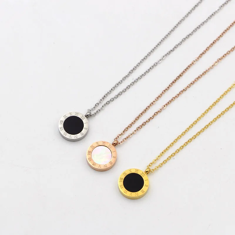 Roman Numerals Two Side Circle Round Pendant Necklace For Women Shell Jewelry Stainless Steel Love Short Necklaces Luxury K026-2