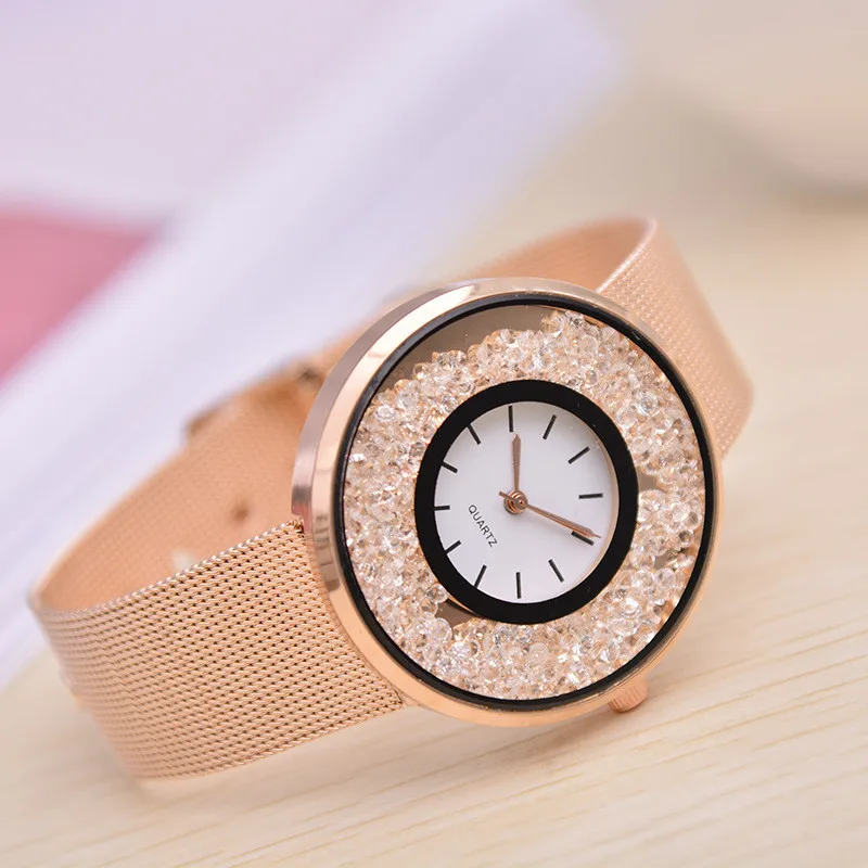 Novo relógio de pulso feminino com pulseira de ouro rosê, de luxo, com strass