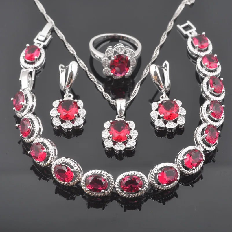 

Cubic Zirconia Jewelry Sets Women Costume Red Crystal Earrings Ring Bracelet Wedding Necklace Set 2020 New QS0402