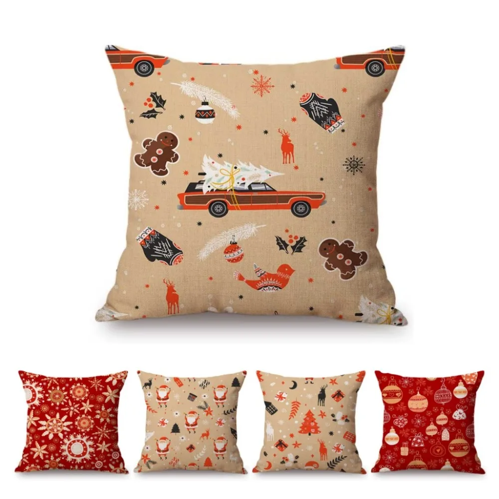 Orange Red Christmas Seamless Pattern Cartoon Santa Claus Snowflake Home Decorative Sofa Cushion Cover Cotton Linen Pillow Case