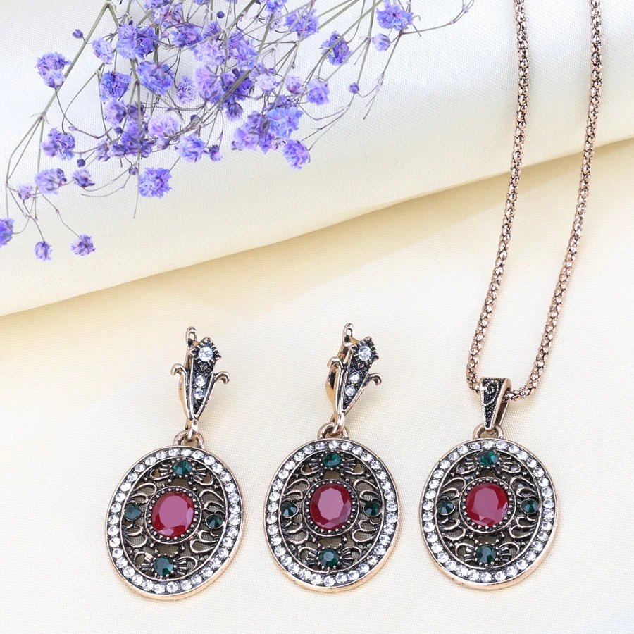 Kinel 2Pcs Turkey Wedding Jewelry Sets For Women Dubai Antique Gold Color Oval Earrings And Necklaces Retro Jewelry Crystal Gift