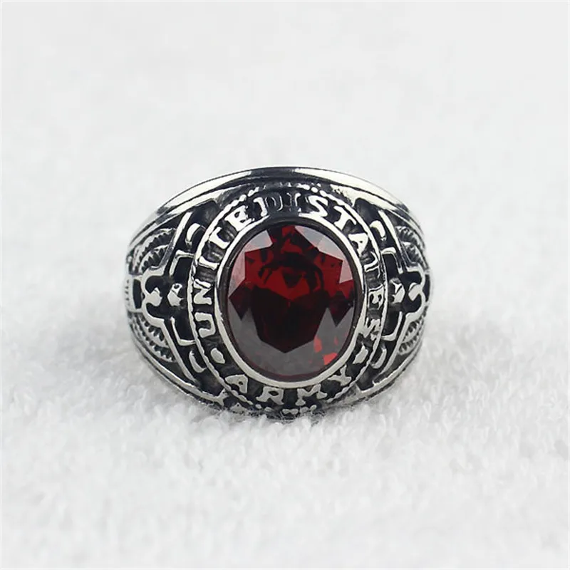 Red CZ Crystal Men\'s Stainless Steel United States Military Army Ring