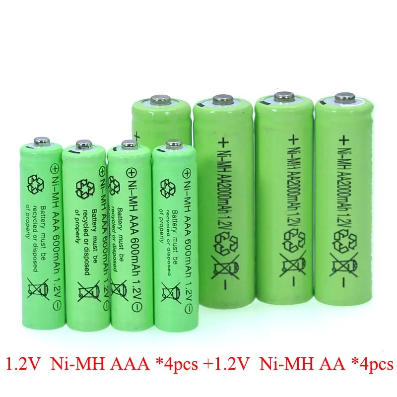 4pcs 1.2v NI-MH AAA Batteries 600mAh Rechargeable nimh Battery + 4pcs 1.2V Ni-Mh AA 2000mAh  NI-MH battery for remote Control