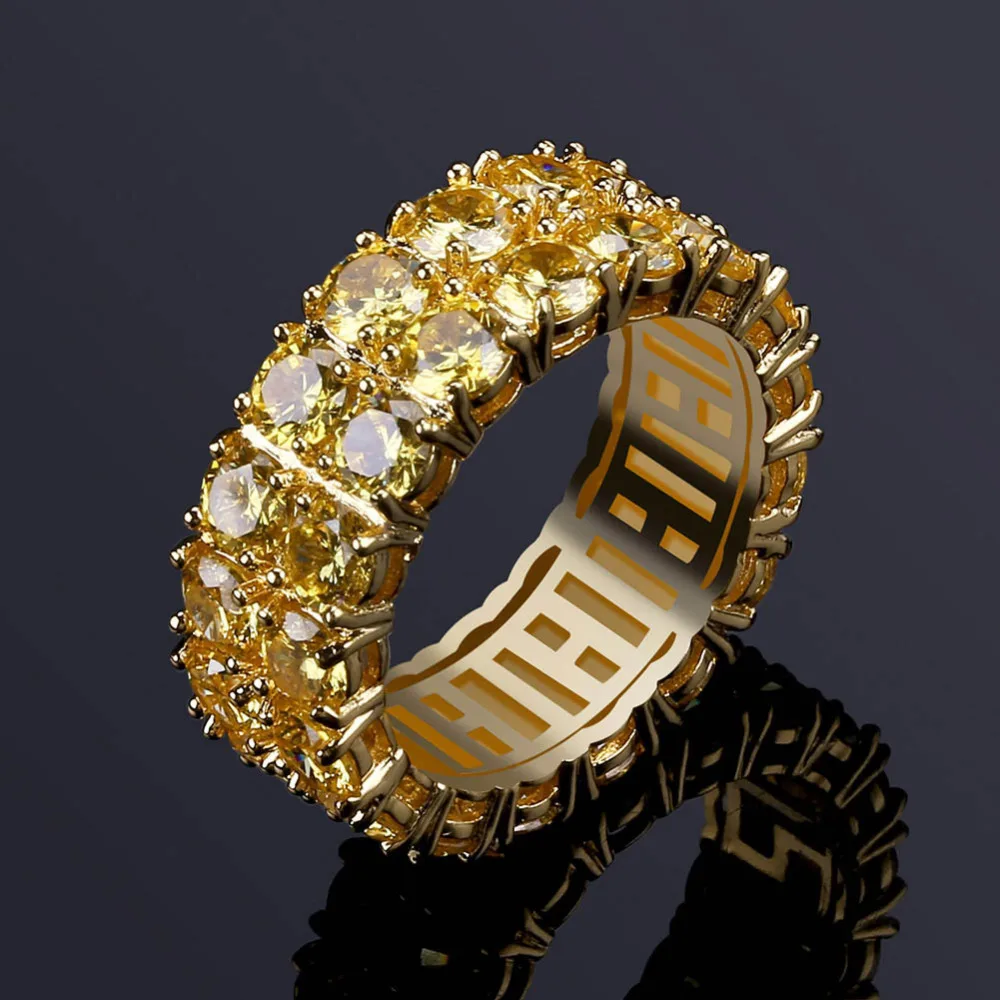 JINAO New Design Gold Silver Color Plated Ring Micro Paved 2 Row Chain Big  Zircon Shiny Hip Hop Finger Ring for Men Women