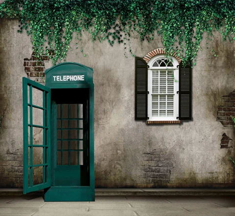 

10x10FT Green Branch Wall Window Phone Box Telephone Booth Photo Backgrounds Studio Backdrops Vinyl 300cm x 300cm