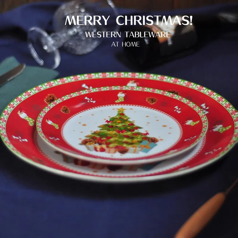 

Ceramic Christmas Tree Red Round Plates Dishes Beef Dishes Dessert Dish Fruit Snack Plate Home Dinnerware Decoration