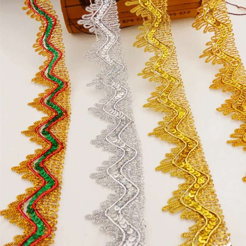 12 Yds Sequin Embroidery Lace Ribbons Cosplay Appliqued Performance Accessories Wave Crochet Lace Gold Silver Braid Trims 3.5cm