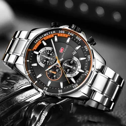 MINI FOCUS-Reloj de cuarzo para hombre, cronógrafo de acero inoxidable plateado con pulsera de lujo, resistente al agua, código 0218G.03