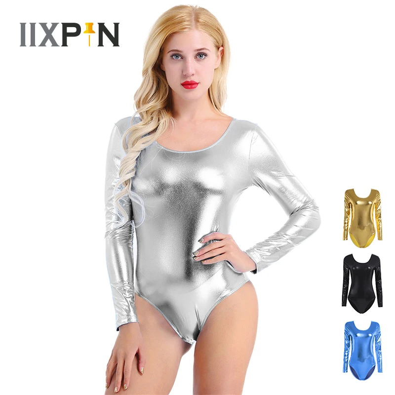 

Women Shiny Ballet leotard Patent Leather Long Sleeves gymnastics leotard One-piece Thong Monokini Bodycon Leotard Dancewear