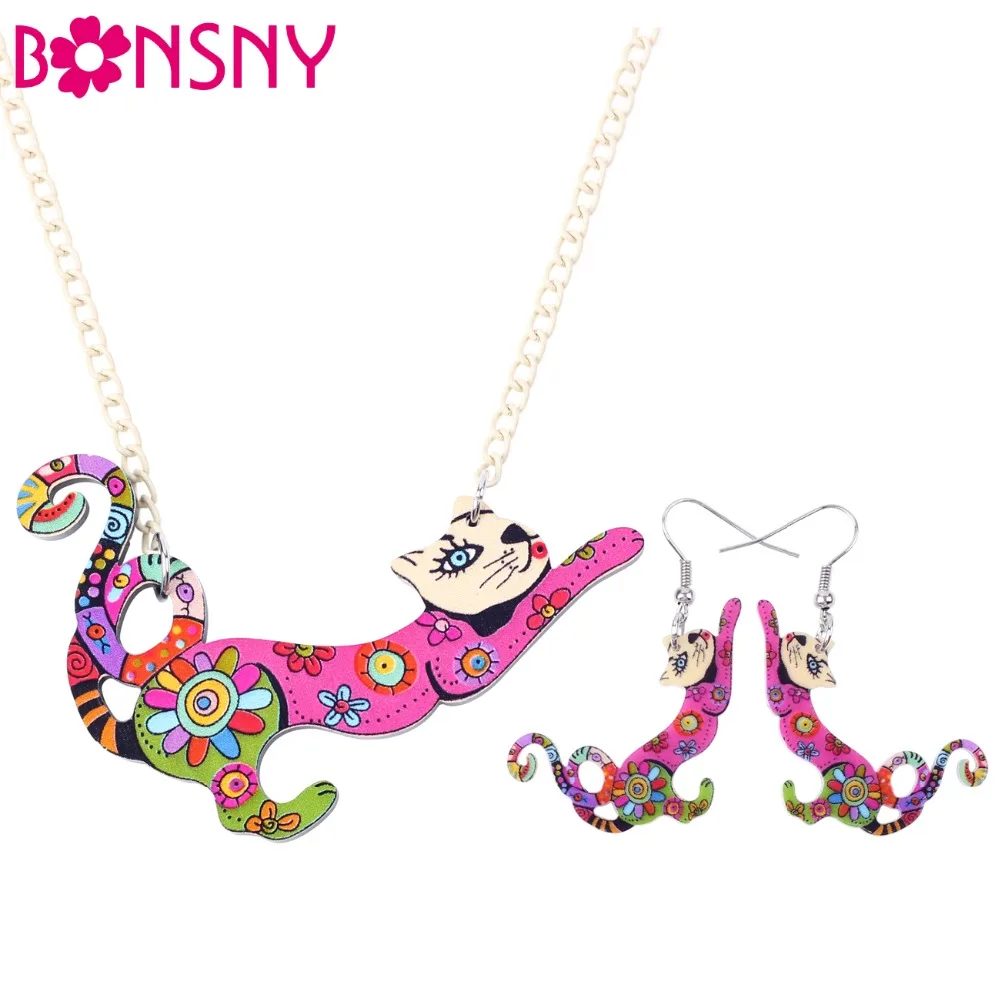 Bonsny Brand Jewelry Sets Acrylic Animal Cat Necklace Earrings Choker Collar Fashion Jewelry New Spring Women Girl Gift