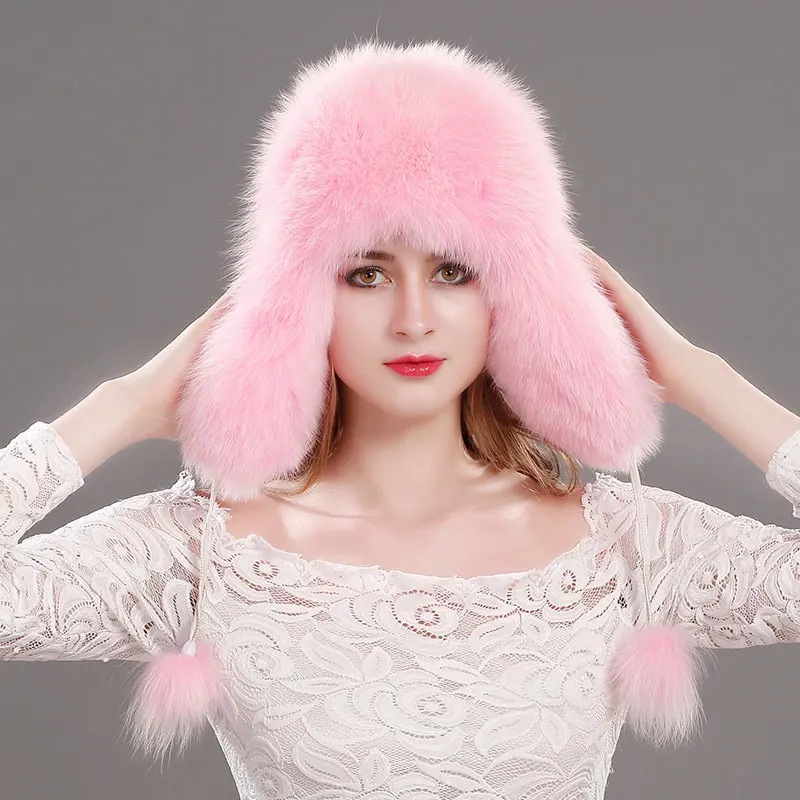 

Russian Fox Fur Hat Knitted Cap Winter Real Fox Fur Hat Fur Bomber Hats Women 100% Natural Genuine Leather Top Fur Caps Female