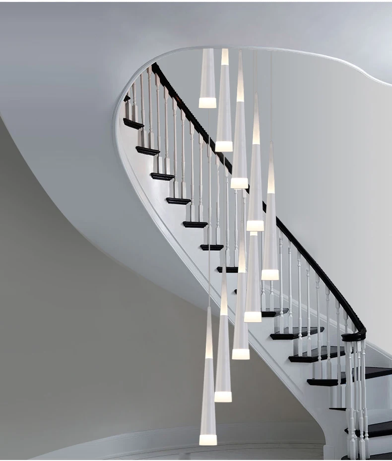 Long Spiral Led chandelier light Staircase black tube led Luminaire Modern Led strip stairwell lamp Aluminum cone hanging Lights