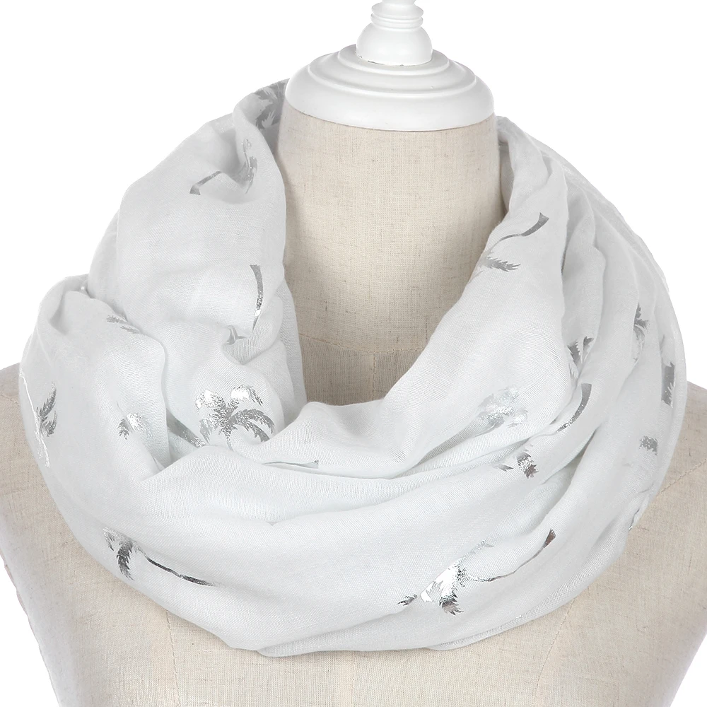 FOXMOTHER New Spring Summer White Grey Navy Coconut Tree Shiny Silver Foil Scarf Glitter For Womens