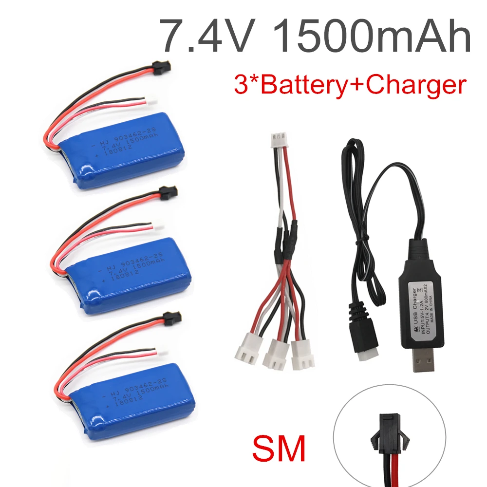 Batteria Lipo 7.4 V 1500 mAh con caricatore USB per FT009 RC Boat 12428 144001 batteria Lipo 2S 7.4 V 1500 mah 903462 2S JST SM T PLUG