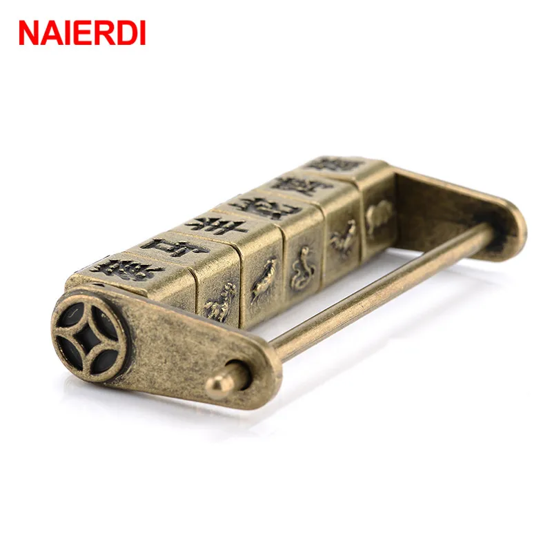 NAIERDI 90*37mm Zinc Alloy Chinese Vintage Antique Bronze Keyed Padlock Retro Combination Password Lock Jewelry Box Padlock