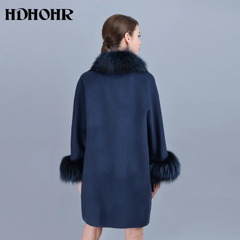 Hdhhr 2025 venda quente casaco de caxemira feminino gola de manga de inverno com jaqueta de pele de raposa real natural casacos de pele de raposa genuína feminino