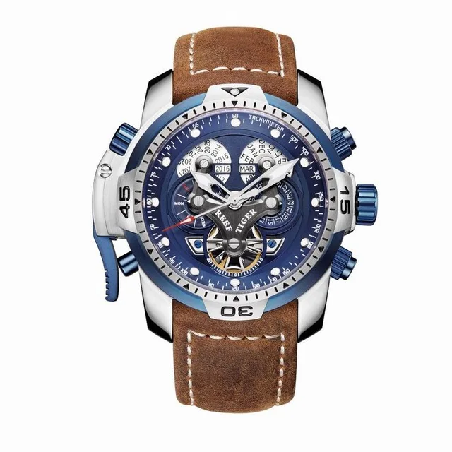 Reef Tijger Aurora Serier RGA3503 Mannen Sport Militaire Multifunctionele Wijzerplaat Automatische Mechanische Polshorloge-Lederen Horlogeband