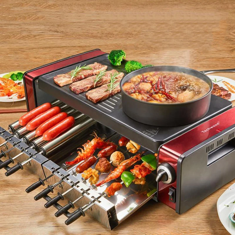 Roast-Shabu All-In-One Hot Pot BBQ Household Double-Layer Large-Capacity Automatic Rotating Ten-String Electric Barbecue Grill