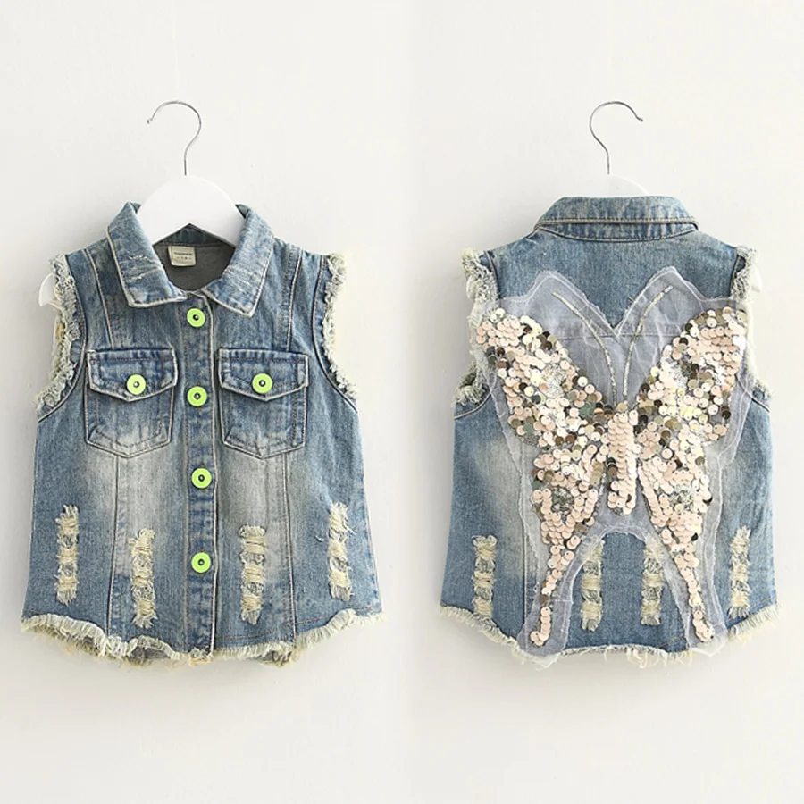 Spring Autumn 3 4 5 6 7 8 10 Years Children Glitter Decoration Cartoon Cute Denim Blue Waistcoats Vest For Kids Baby Girls