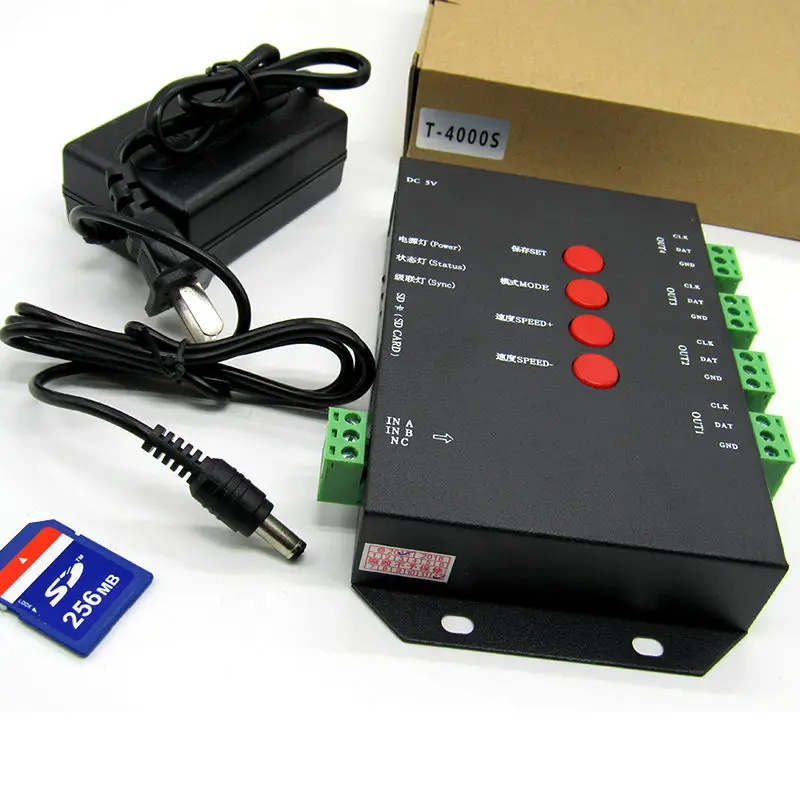 T-4000S SD Card LED Pixel Controller T-4000 Full Color WS2812B RGB LED Controller Dimmer 4Ports*1024Pixels with DC5V 2A Adapter