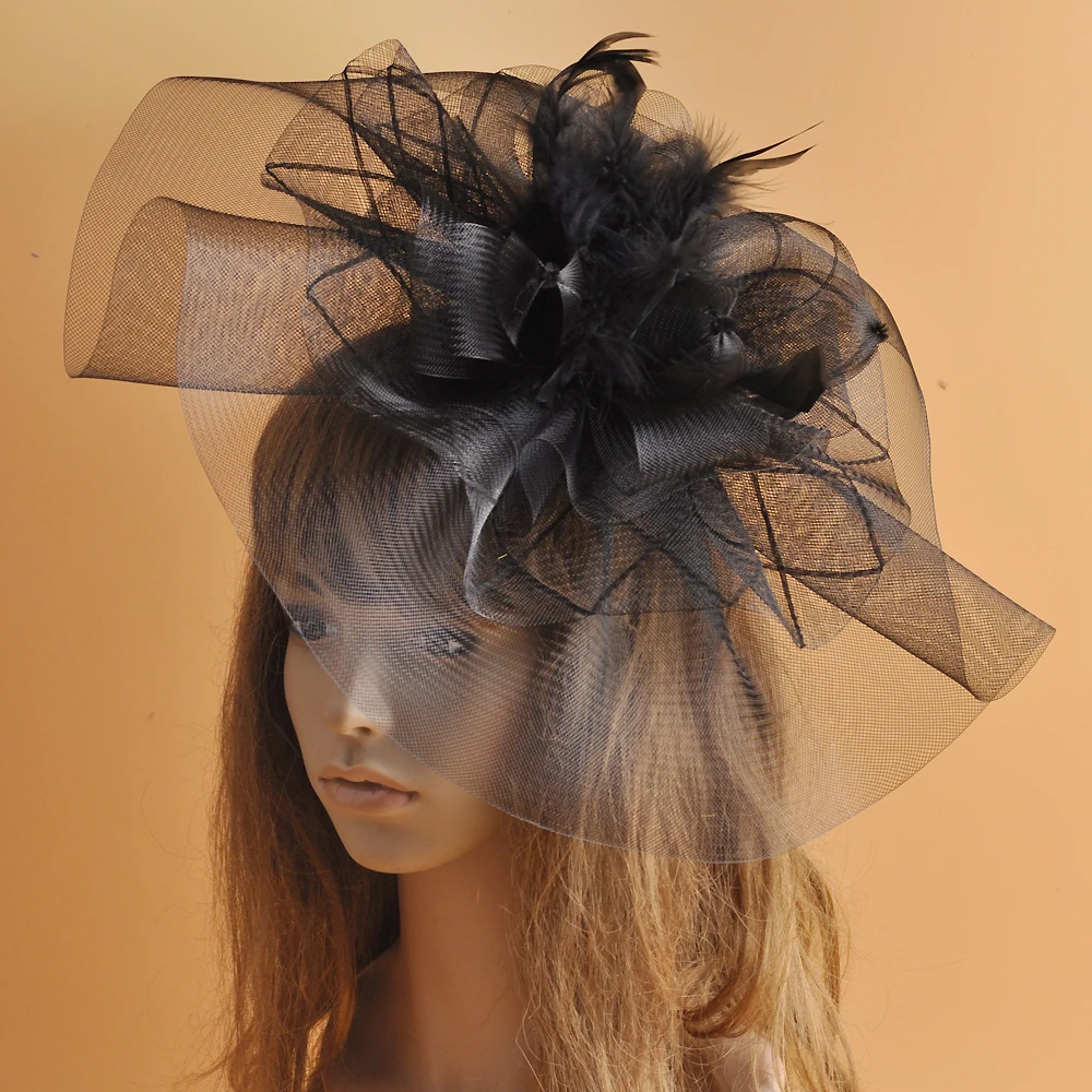 

Super BIg Wedding Fascinator Hat Vintage Black Feather Mesh Headdress Hair Clip Classic Kentury Party Ladies Hair Accessorie