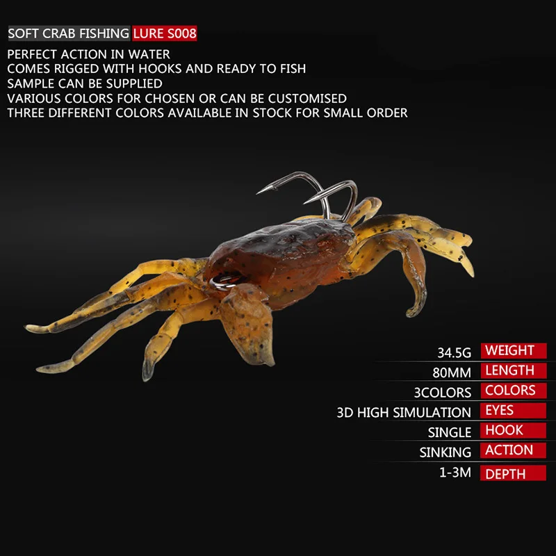 1Pcs Soft Fishing Lures 8cm 35g Artificial Bait Crab with Sharp Hooks, Jigging Lure Sea Creature Tackle Fake Bait For fishing