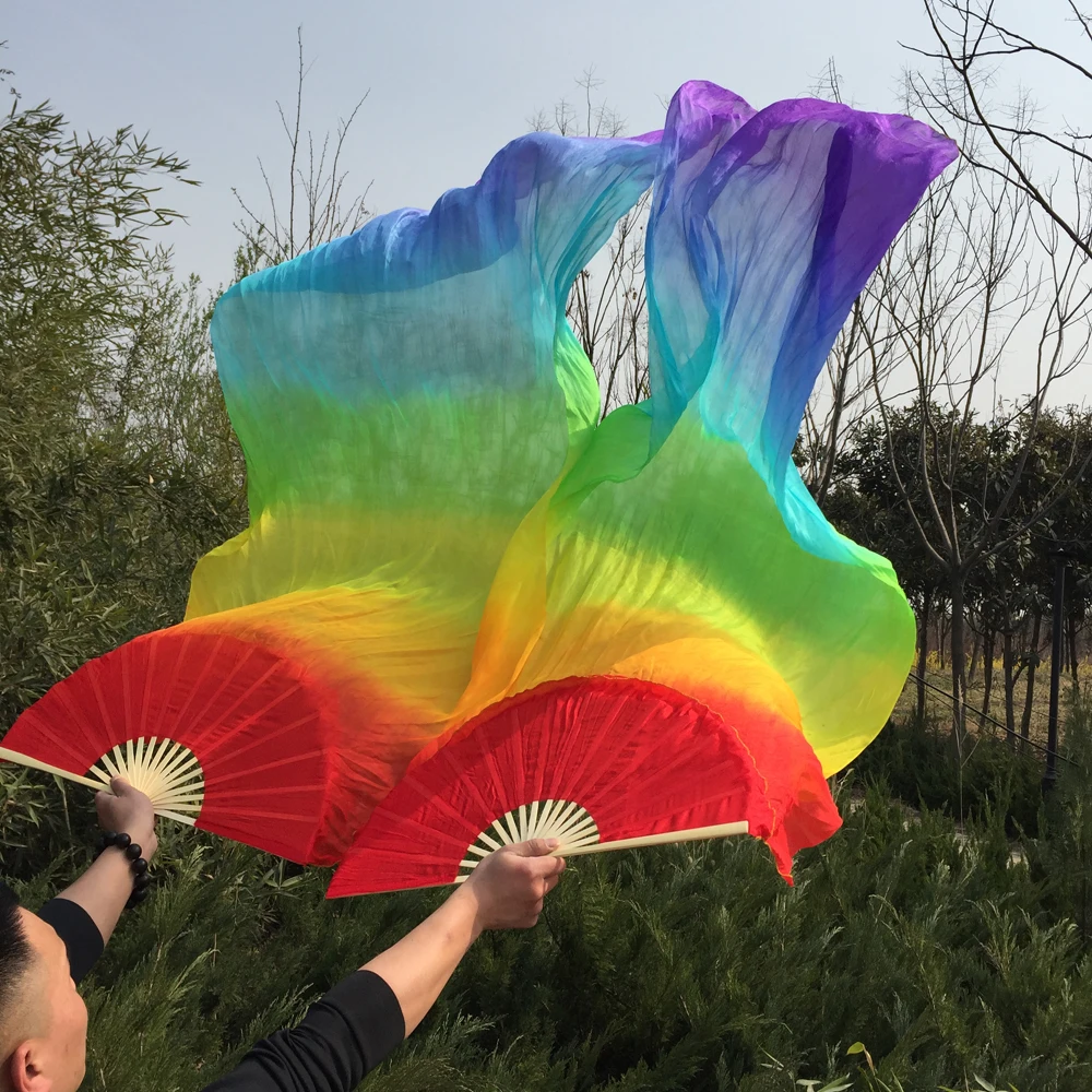 Free-shipping mixed Rainbow colors 100% real silk long Fan Veils for Belly Dancing or Stage Show