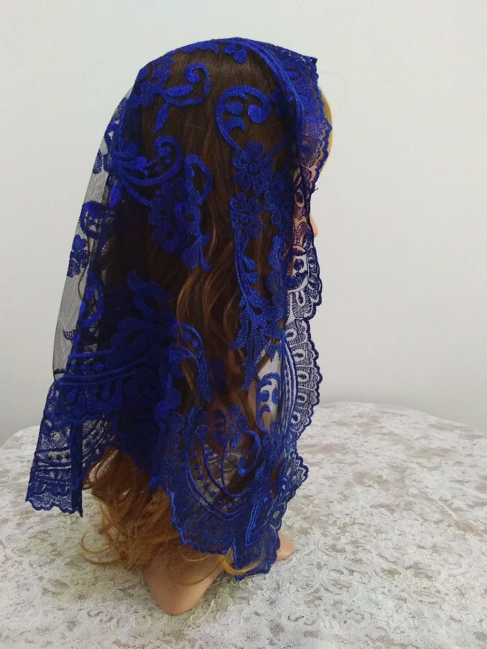 Blue on Black Embroidery Spanish Lace Mantilla Veil ,Chapel Lace Veil Mantilla ,Catholic Lace Veil