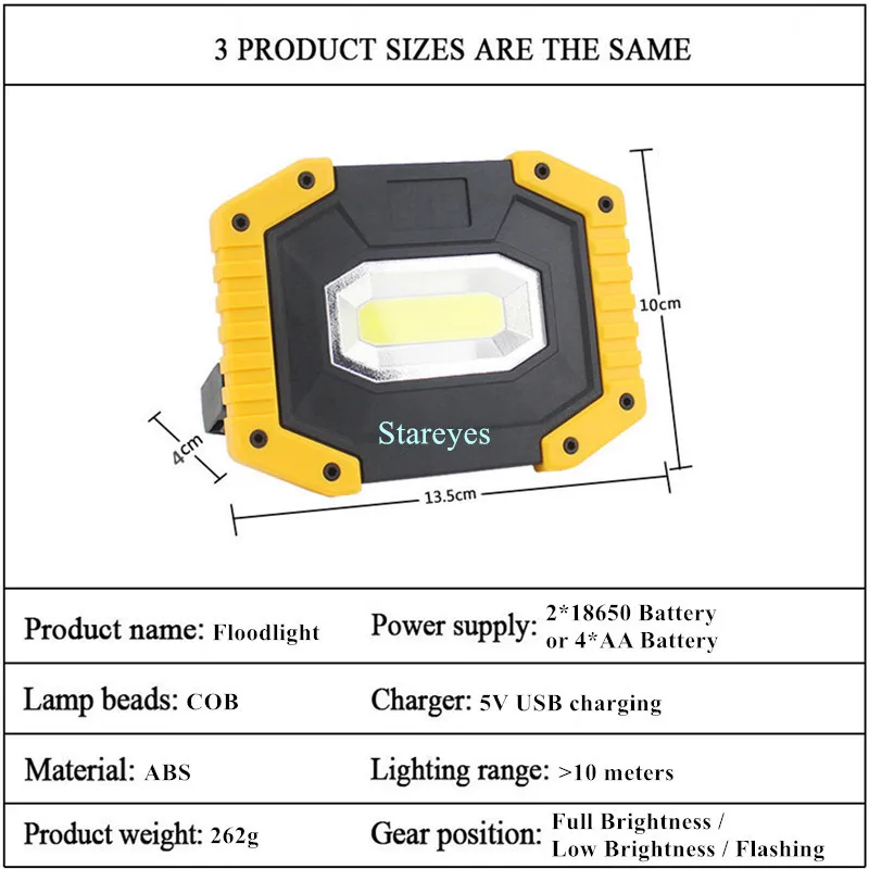 Projecteur LED COB portable, 20W, aste, lampe d\'extérieur, éclairage, lampe de poche, achat en option, batterie 18650