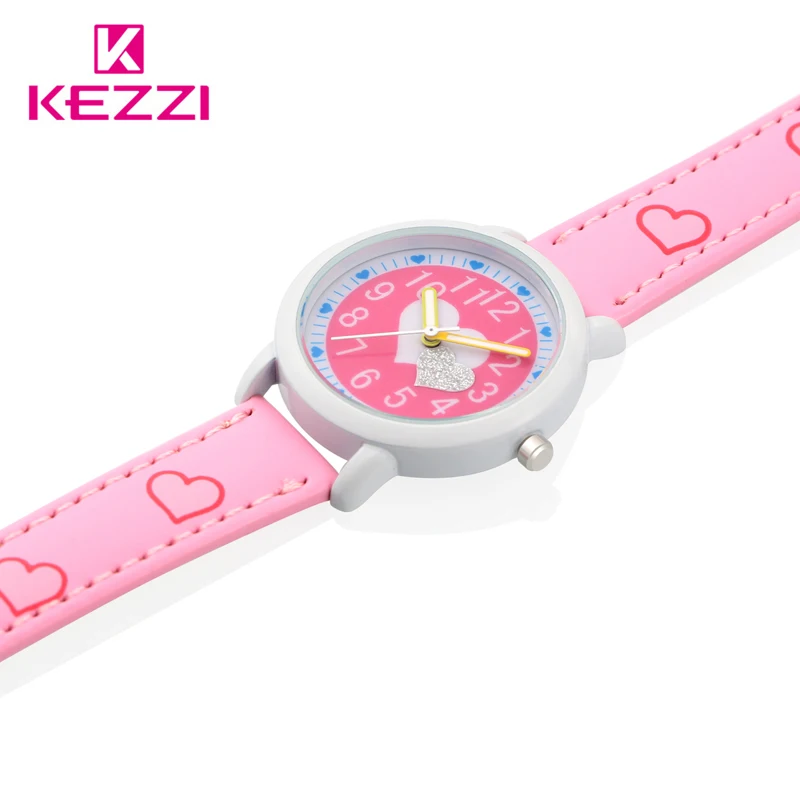 KEZZI Love Hearts child Watches Girl Leather Printing Strap Cartoon Kids Watch Students Quartz Wristwatch Casual Fashion Horloge