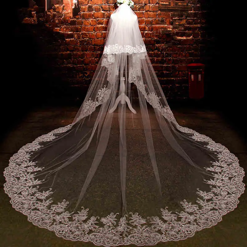 Voile long de mariage avec peigne, appliques en dentelle ivoire blanche, bord cathédrale, 2 couches, 3m, sur mesure, nouveau, réel, patients