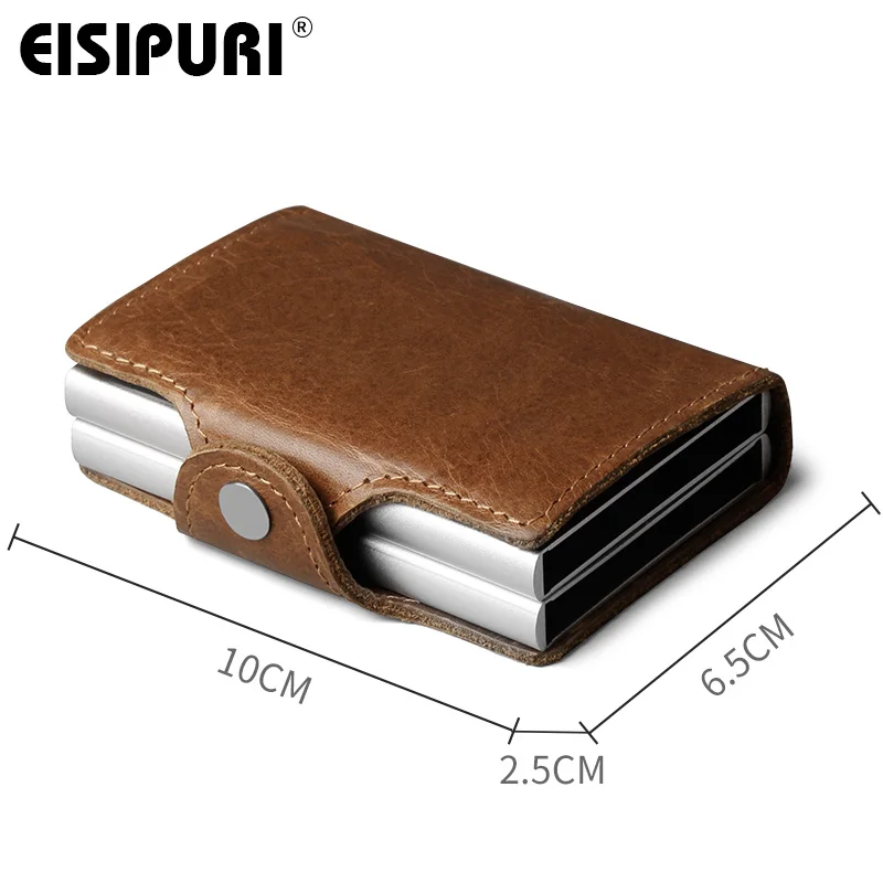 EISIPURI Men Genuine Leather double Metal Credit Card Holder Aluminium RFID Blocking Wallet Hasp Mini Vintage Wallet Hold  Cards image 3