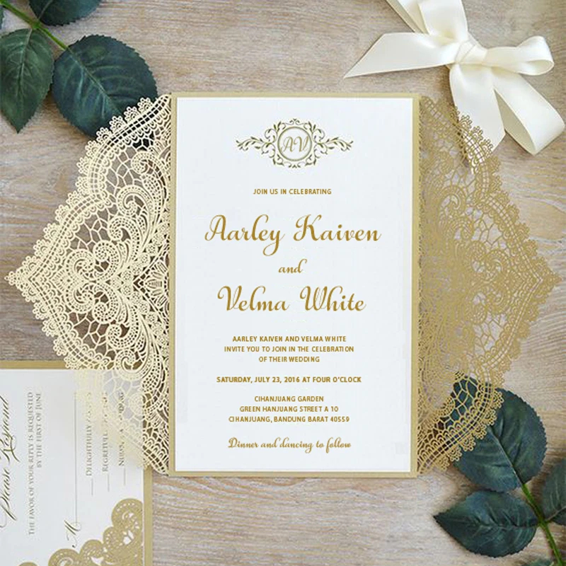 Gold Lace Wedding Invitations Suite Elegant Laser Cut Invitation with RSVP Cards Customized Wedding Cards - set of 50