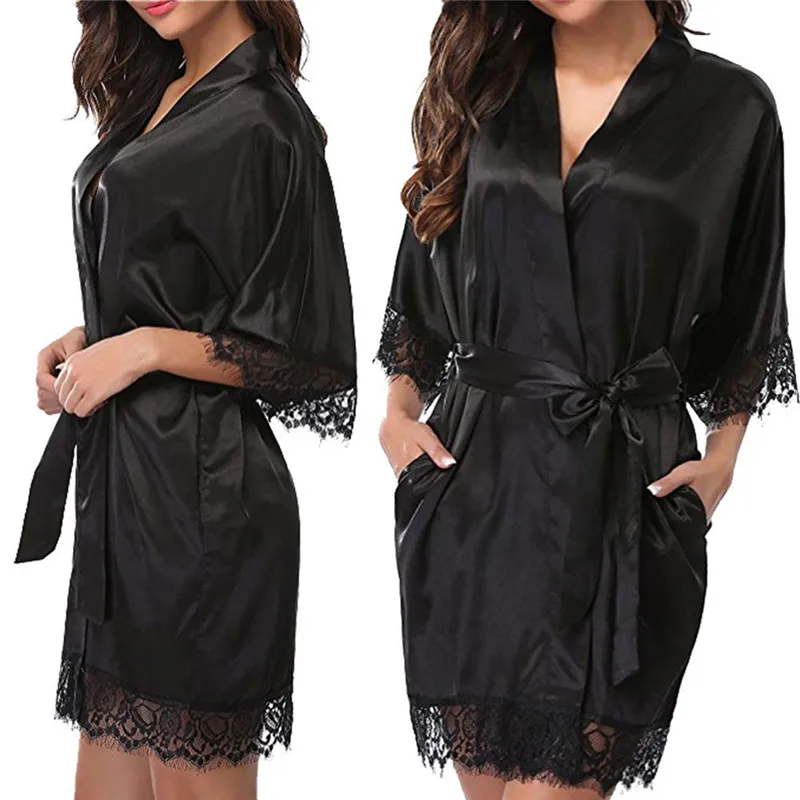 1PC Short Satin Bride Robe Sexy Wedding Dressing Gown Lace Silk Kimono Bathrobe Summer Bridesmaid Nightwear 3 Clour