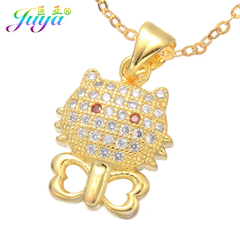 Juya Ali Moda Fashion Gold /Rose Gold Necklace Micro Pave Zorcon Cartoon Pet Cat Pendant Necklace For Women Girls Gift