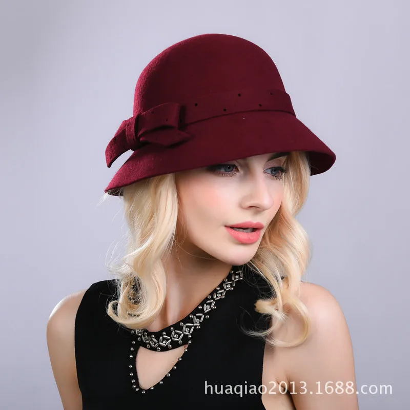 Lady New Fedoras Wool Hat Girls Woolen Dome Female Tiara Cap with Holes Bowtie Bonnet Party B-8887