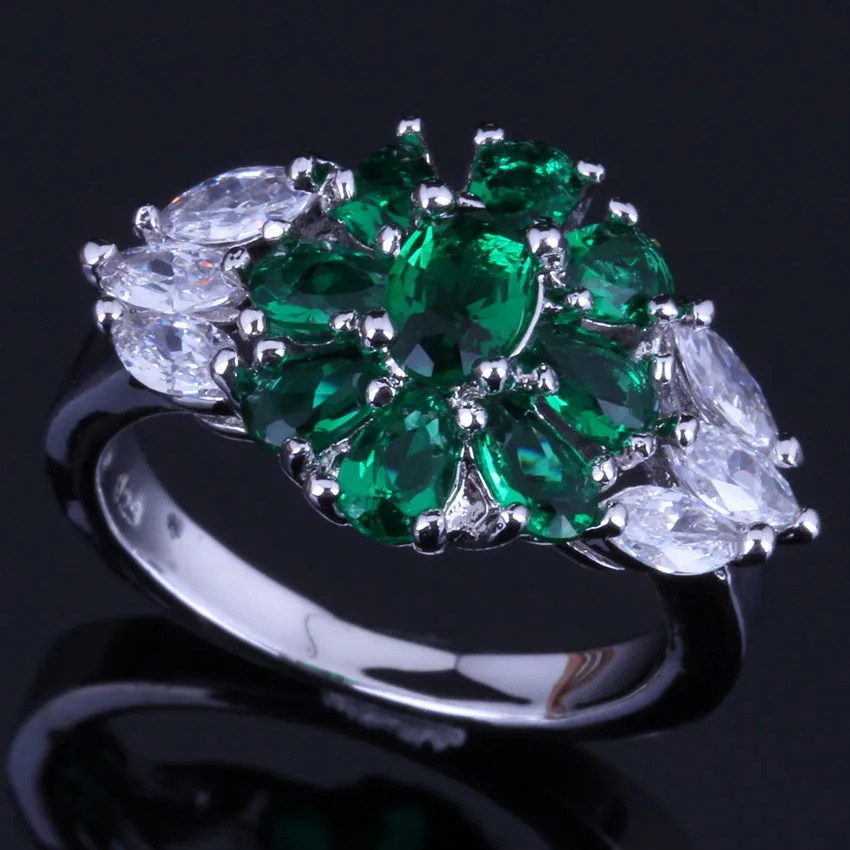 Flawless Flower Green Cubic Zirconia White CZ Silver Plated Ring V0641