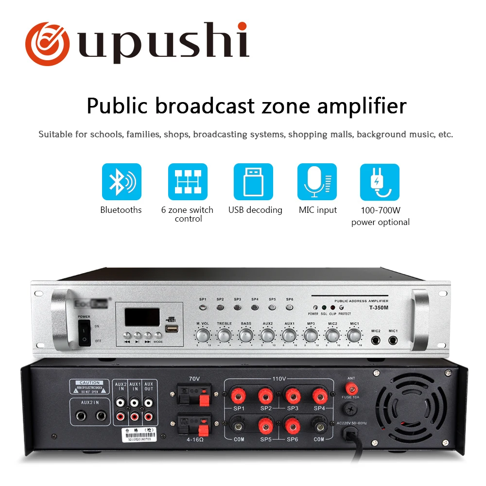 Oupushi pa system amplificatore bluetooth amplificatore stereo domestico a 2 canali amplificatori di potenza a 6 zone con usb, fm