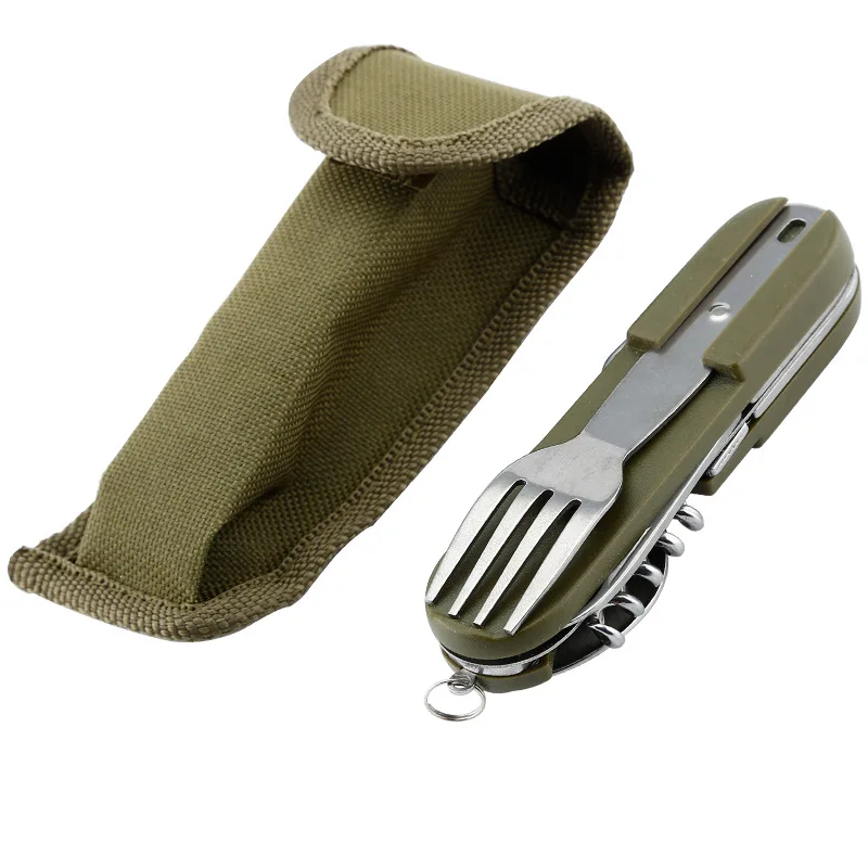 100Pcs Army Green Folding Portable Stainless Steel Picnic Cutlery Knife Fork Spoon Bottle Opener Flatware Tableware Travel Kit