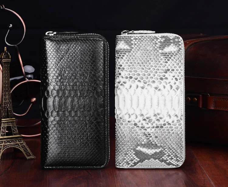 Luxury Quality 100% Genuine/Real python skin leather long size wallets and purse for men zipper closuer beige black cash holder