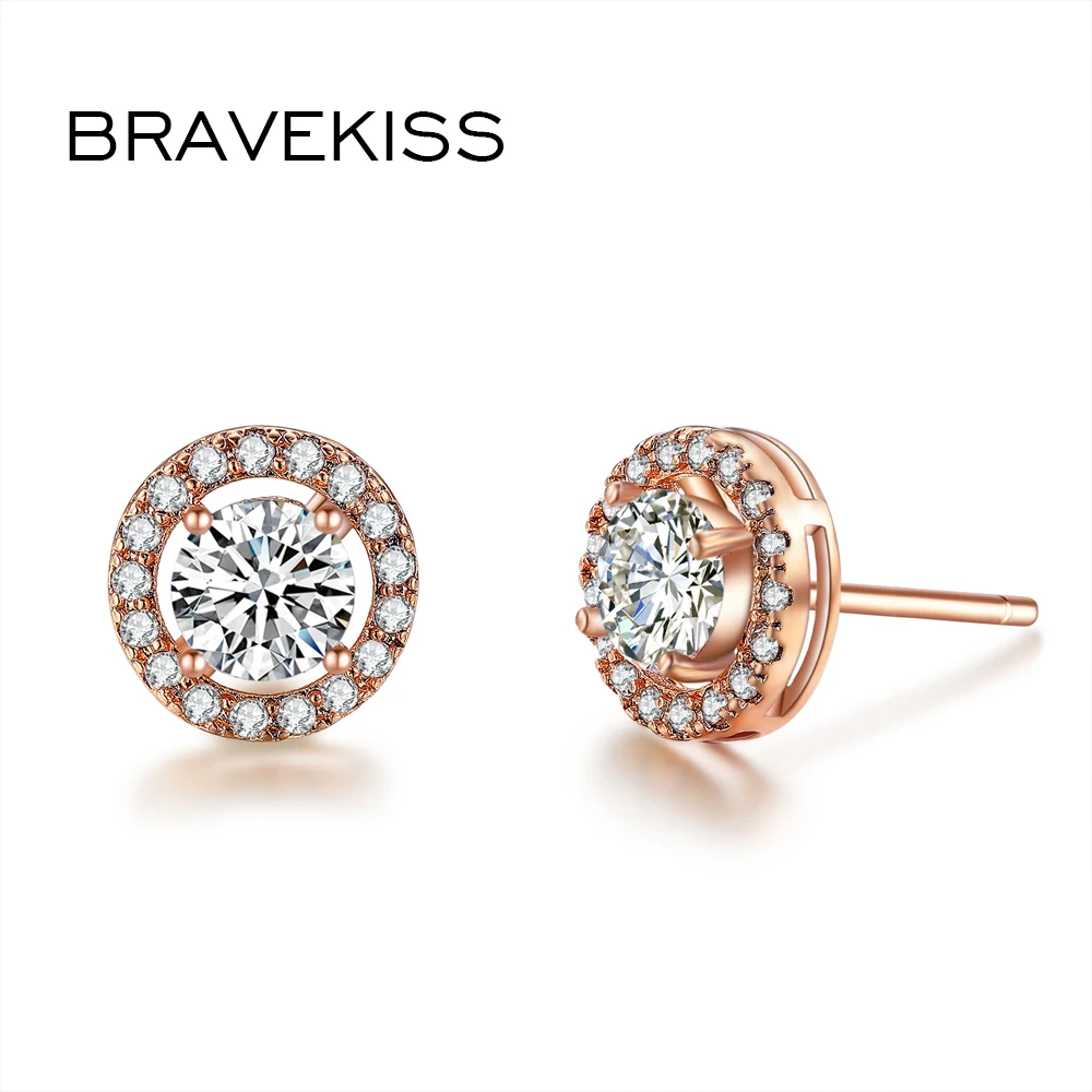 BRAVEKISS Pave Cubic Zircono Rose Gold Color Round Circle Stud Earrings For Women Ladies Fashion Party Jewelry BUE0012A