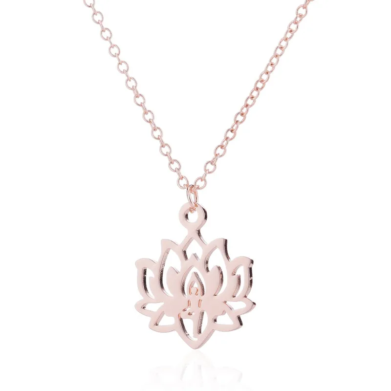 Oly2u Women Long Yoga Lotus Stainless Steel Pendant Necklaces Boho Charm Jewelry Girls Choker Rose Gold Color Necklace