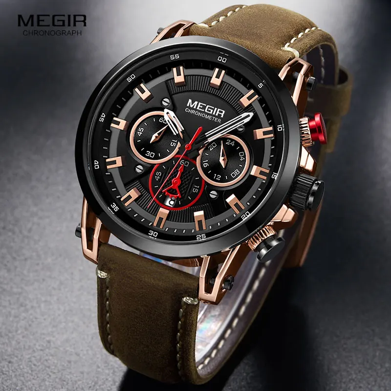 Megir Men\'s Chronograph Quartz Watches Leather Strap Clock Sportz Army Wristwatch for Man Relogios Masculino 2085 Rose Black