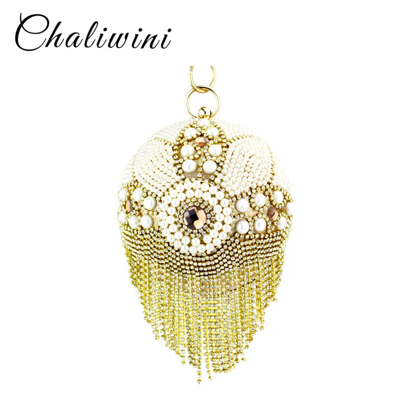 

Chaliwini New fashion from France shape round ball silver Wristlets Tassel diamond and pearl women handbags