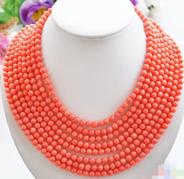 

Hot sale Real 8row 18"~25" 6MM round pink coral bead necklace jewelry CZ Luxury Ms. girl