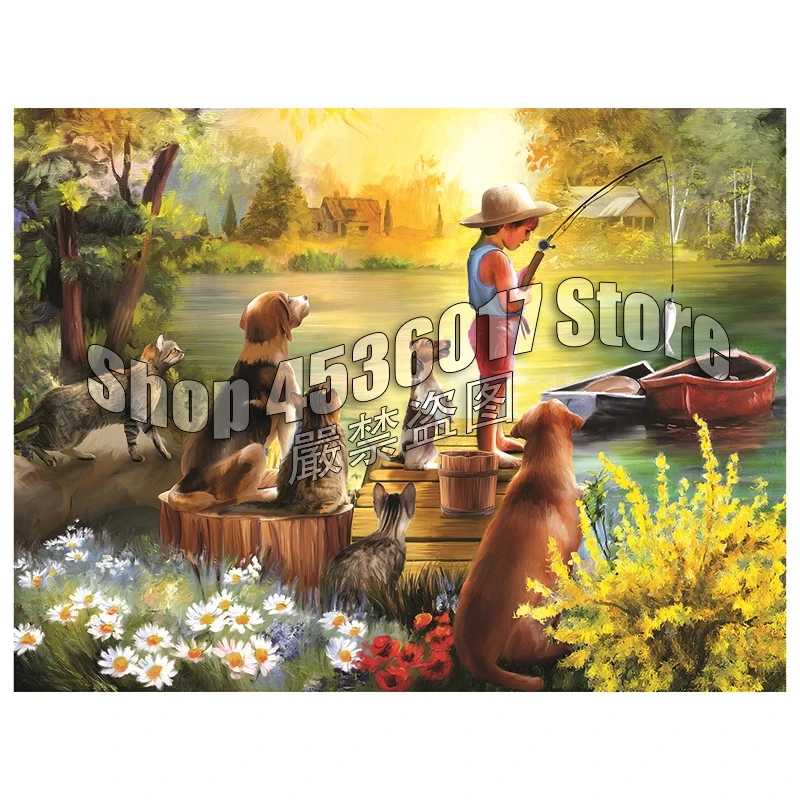 Diamond Embroidery Dogs Summer Fishing Wall Art Diy Diamond Painting Cross Stitch Full Square Rhinestone Mosaic Decor Christmas