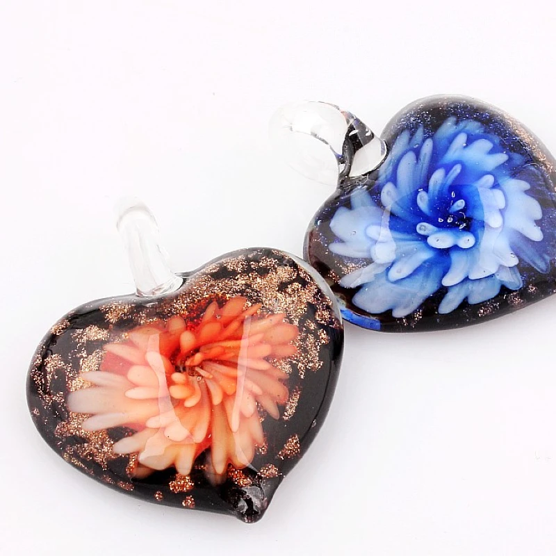 Qianbei Wholesale 6pcs Handmade Murano Lampwork Glass Mix Color Flower Heart Pendant For Necklace Hot Jewelry